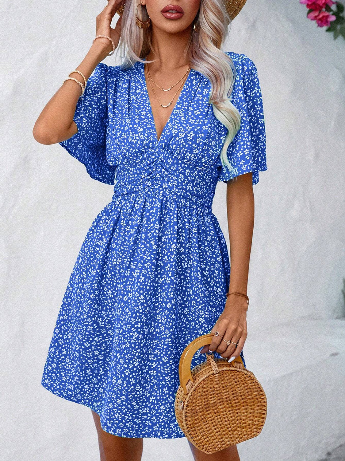 Printed Half Sleeve V-Neck Mini Dress