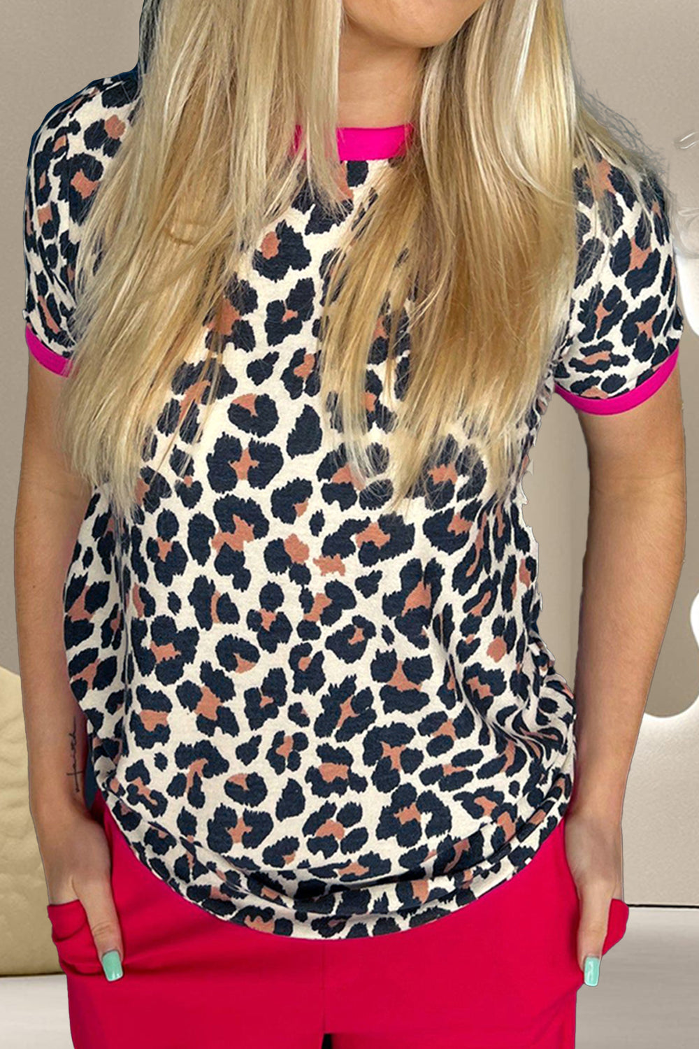 Leopard Round Neck Short Sleeve T-Shirt