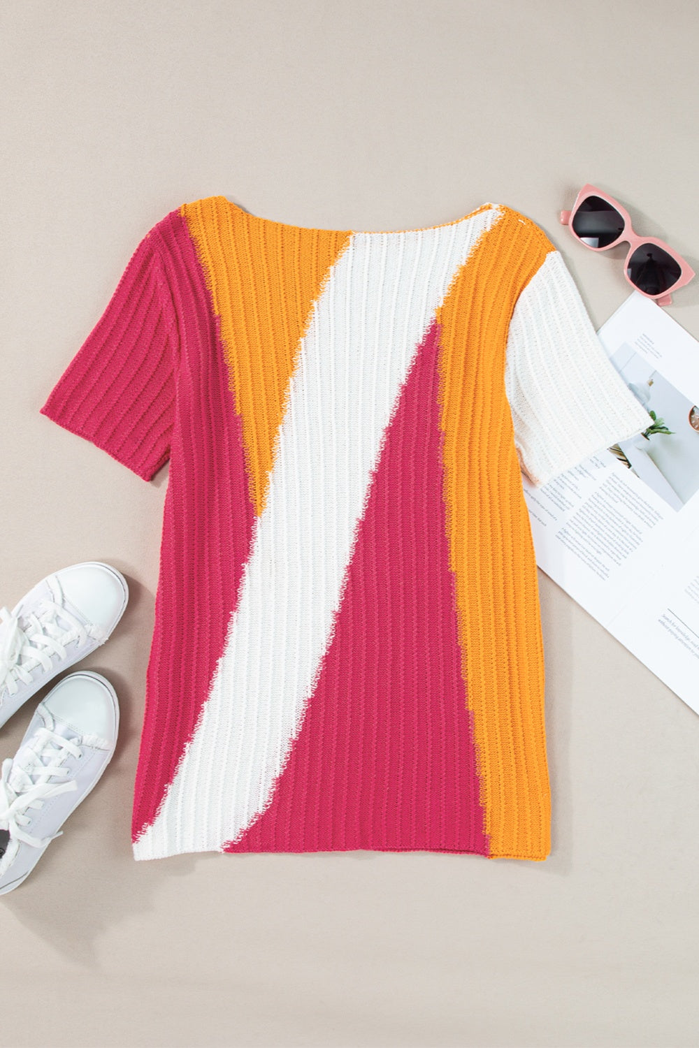 Color Block Round Neck Short Sleeve Knit Top