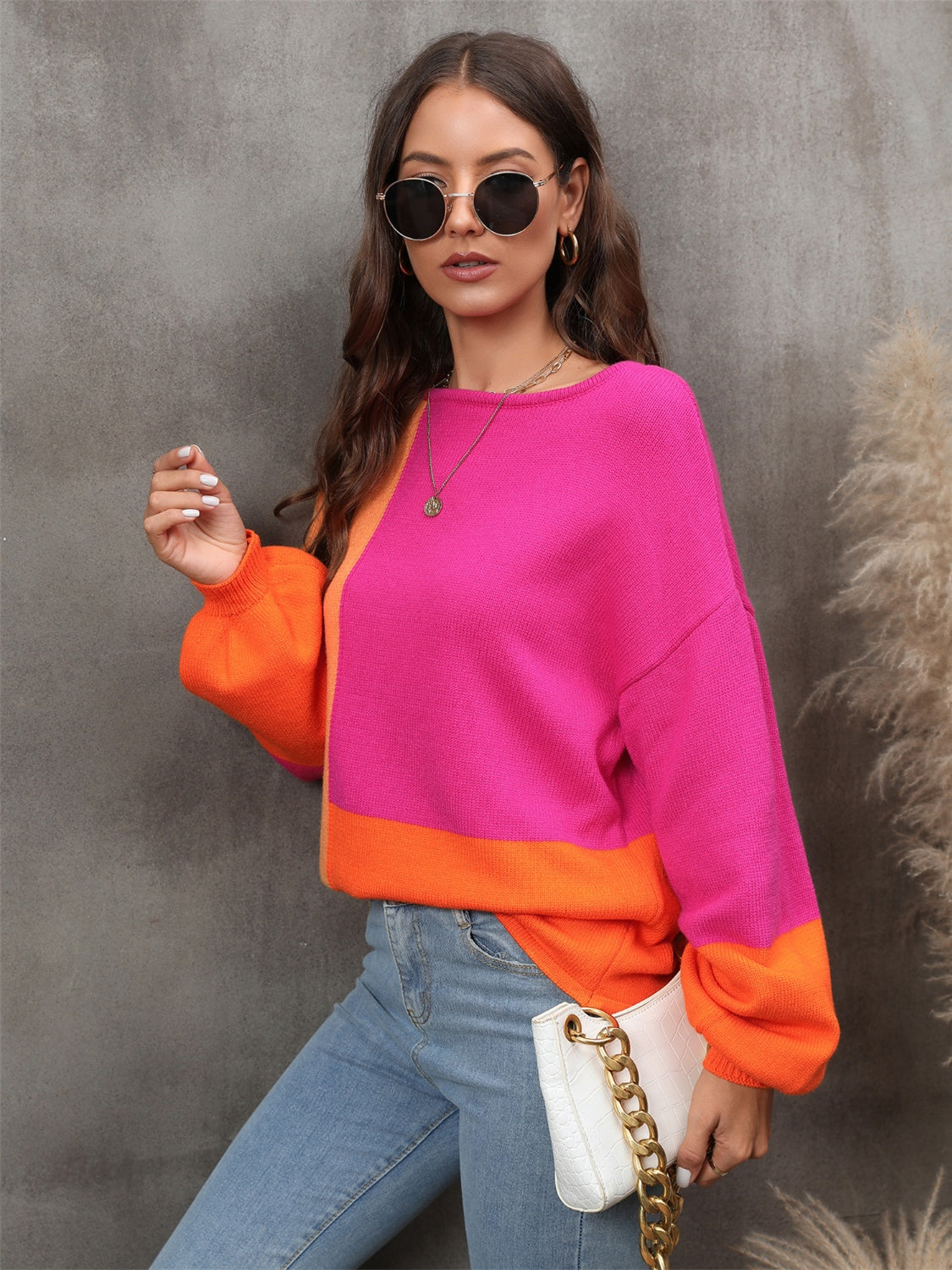 Angel Wings Color Block Round Neck Sweater