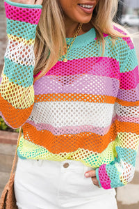 Openwork Color Block Round Neck Knit Top