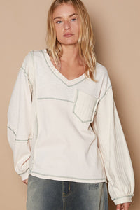 V-Neck knit Panel Exposed Seam Top