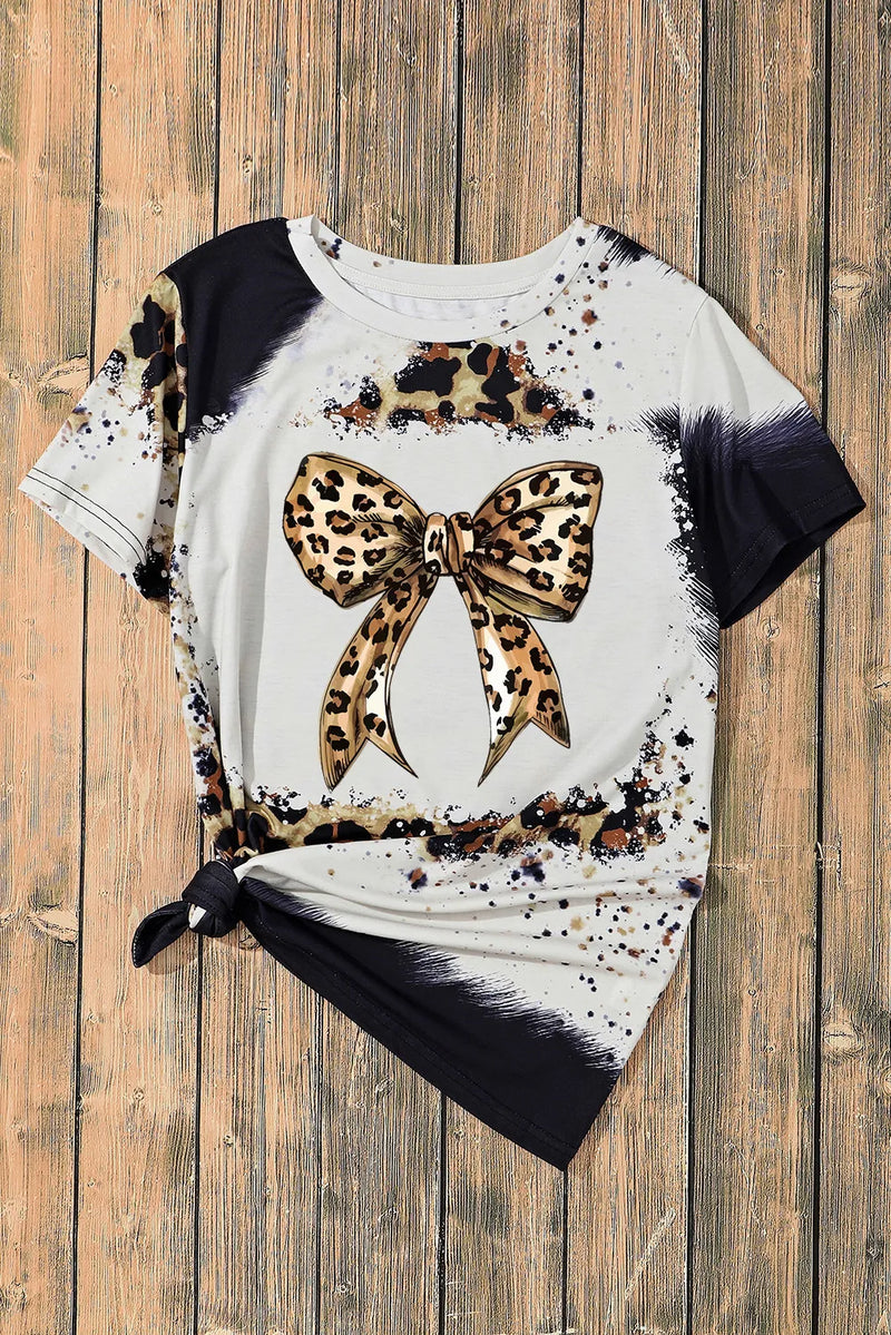 Bow Graphic Leopard Round Neck Short Sleeve T-Shirt