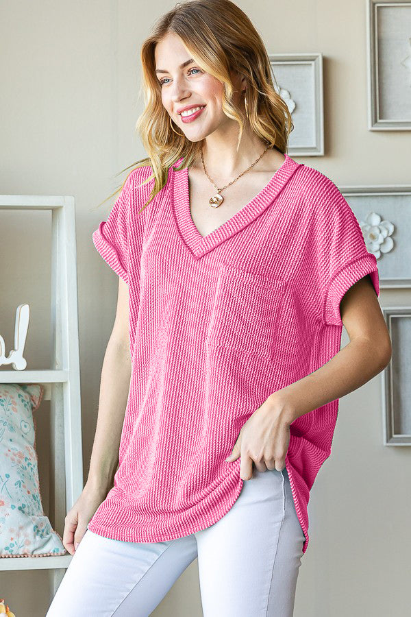 Full Size Front Pocket Short Sleeve Ribbed Top