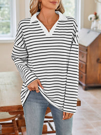 Striped Johnny Collar Long Sleeve T-Shirt