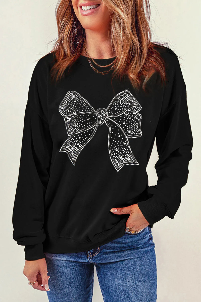 Rhinestone Bow Round Neck Long Sleeve Sweatshirt