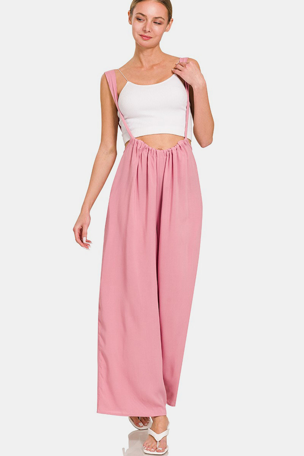 Pocketed Wide Strap Wide Leg Overalls
