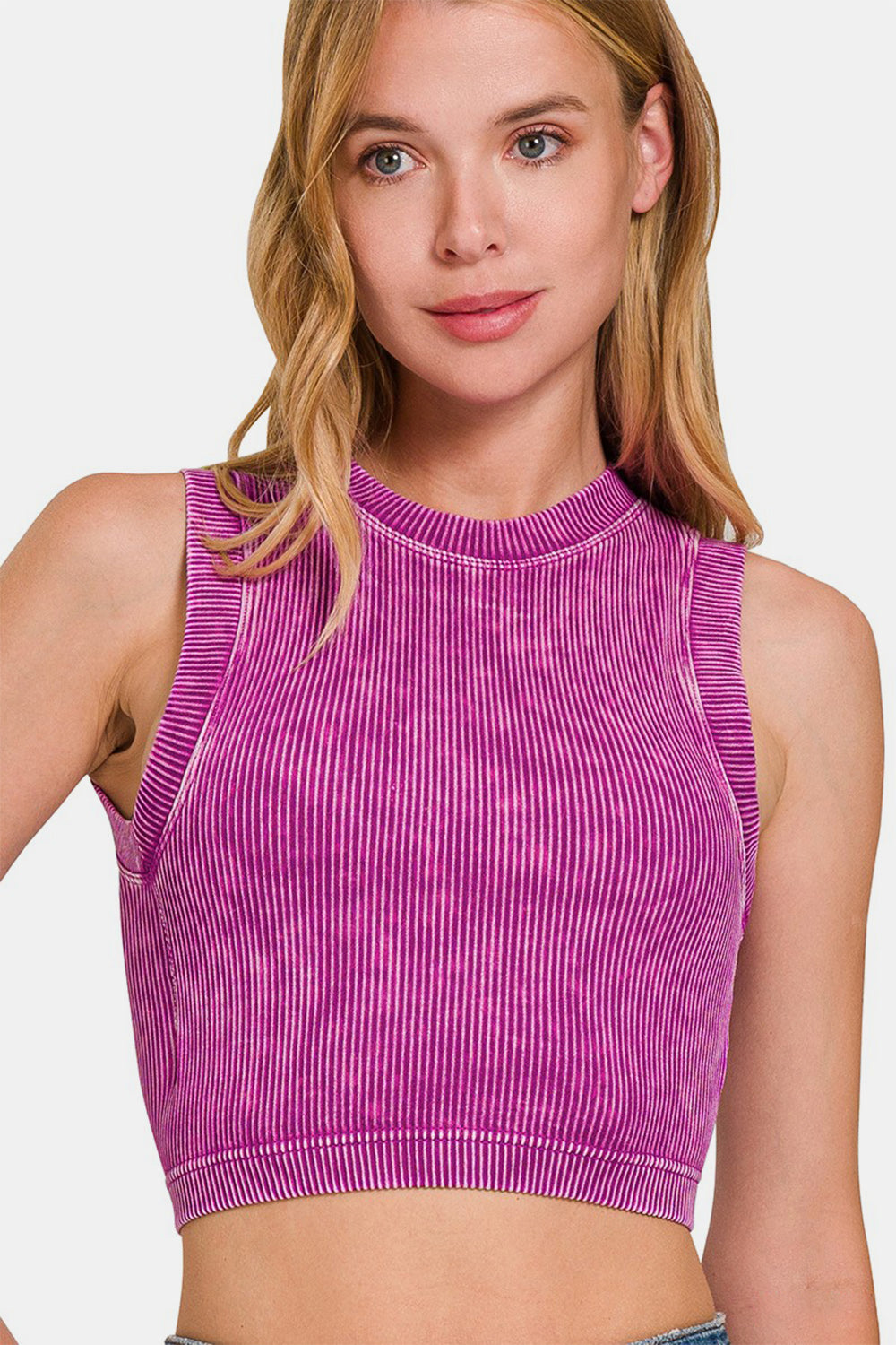 Washed Ribbed Seamless Crop Tank with Bra Pad