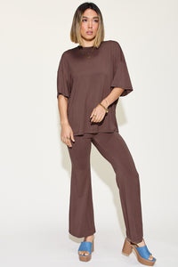Full Size Bamboo Drop Shoulder T-Shirt and Flare Pants Set
