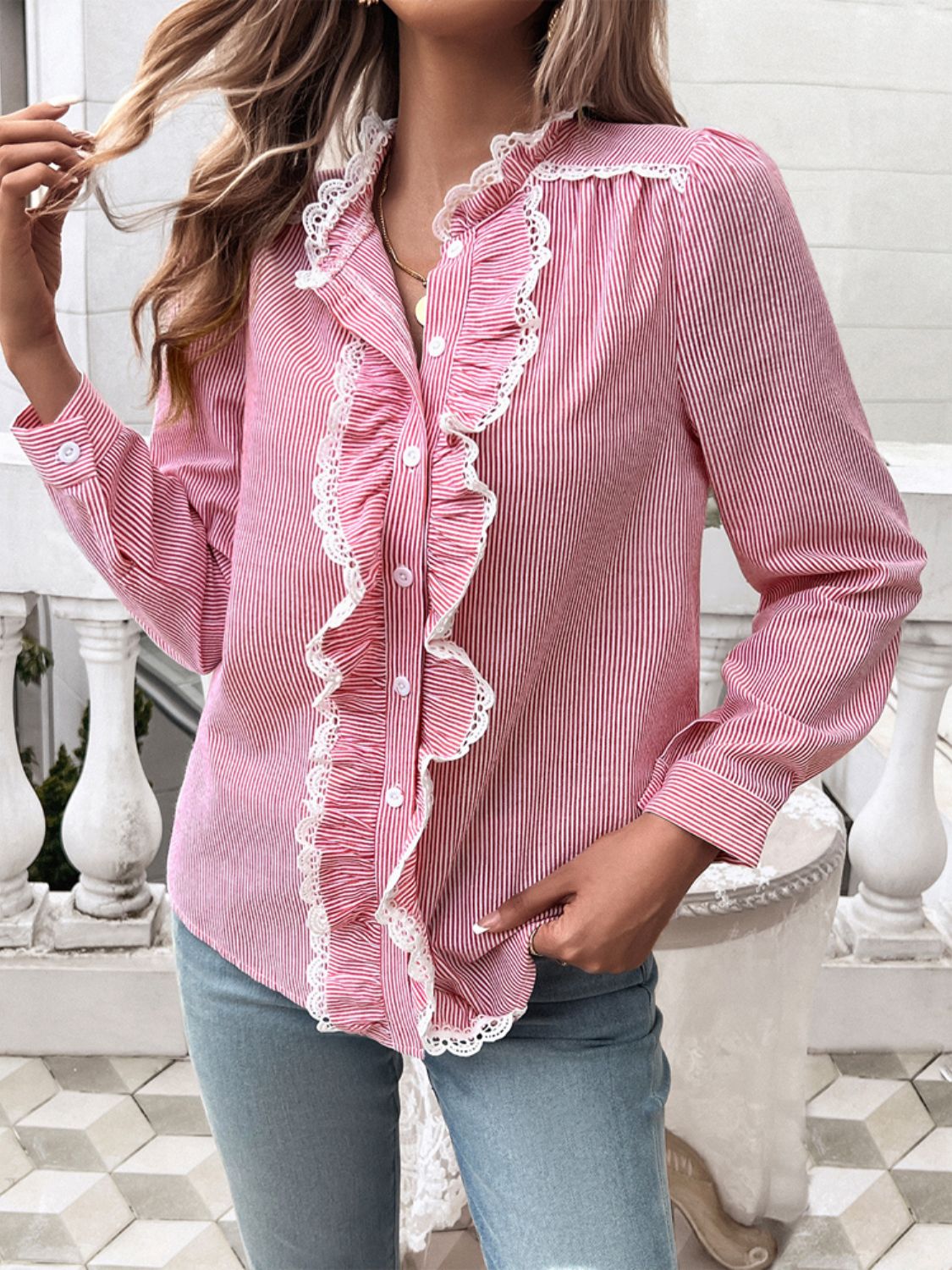 Devine Textured Lace Detail Long Sleeve Shirt