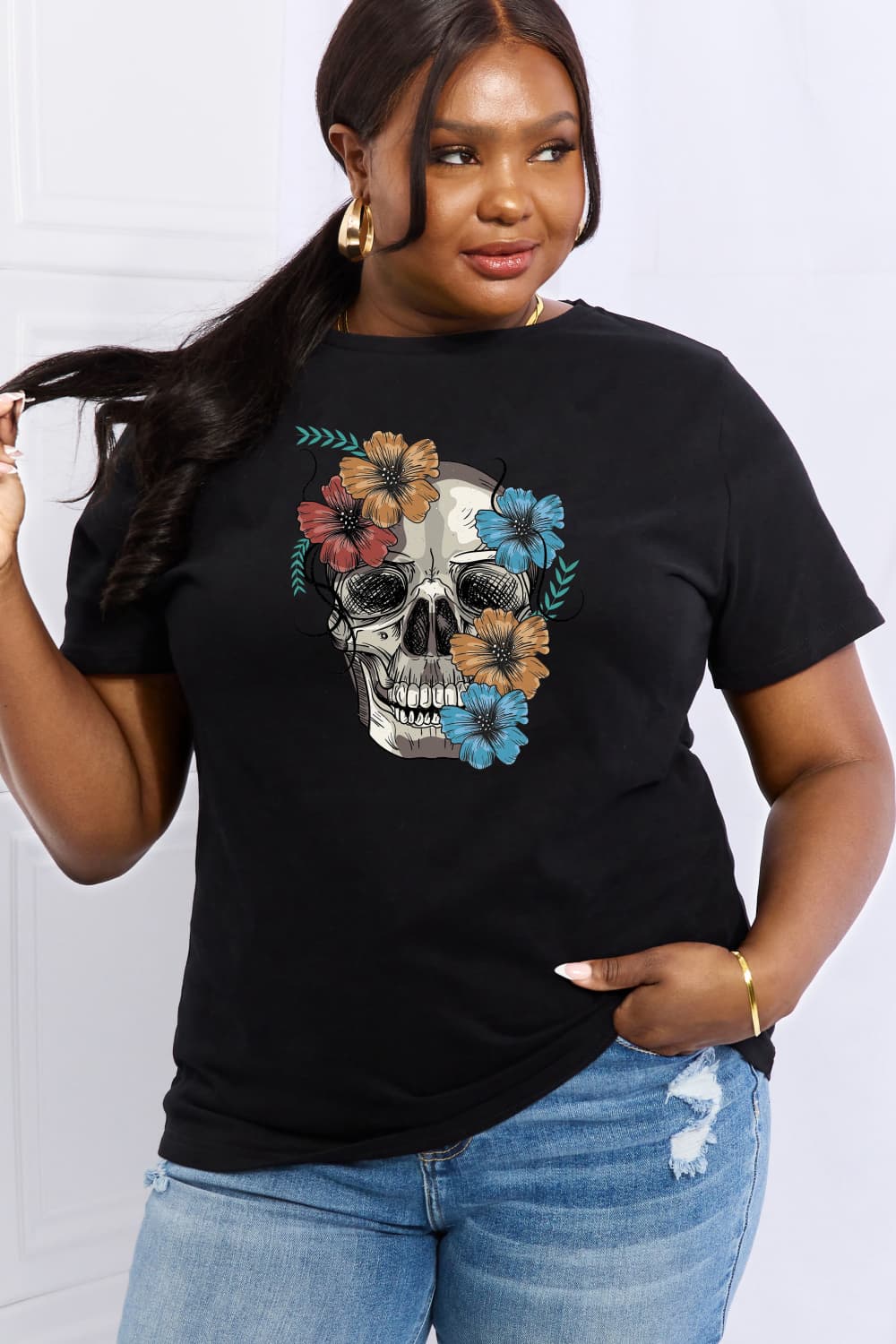 Full Size Flower Skull Graphic Cotton Tee