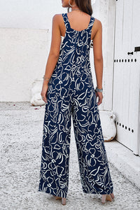 Devine Printed Wide Strap Jumpsuit with Pockets