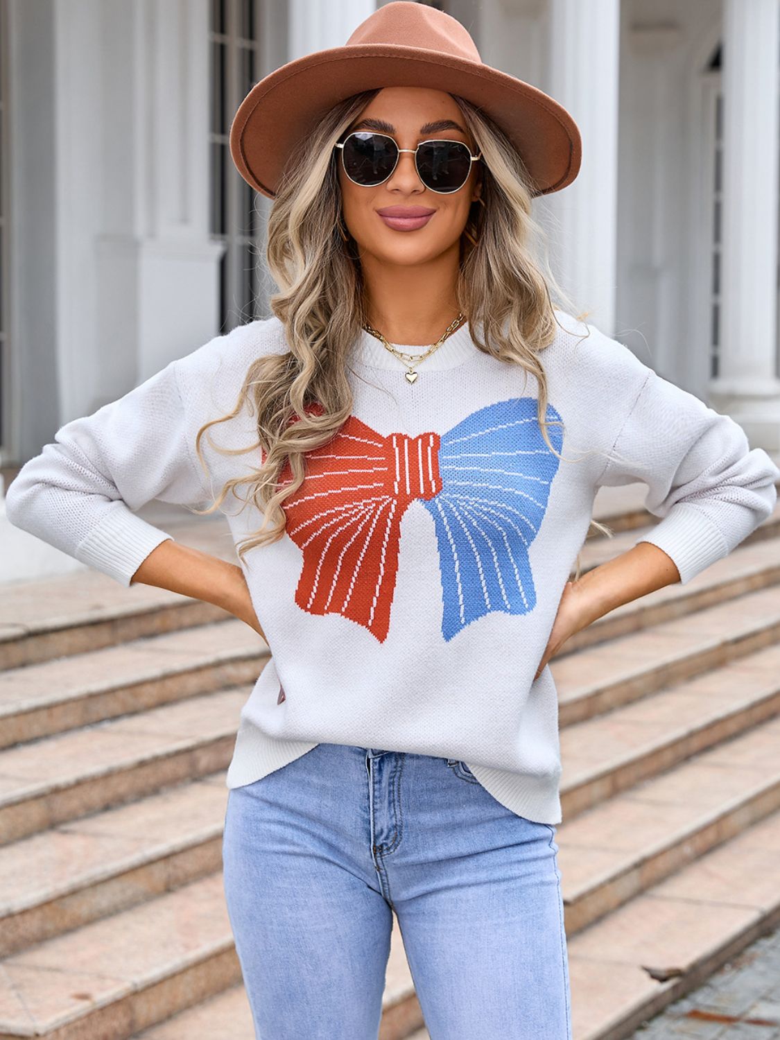 Angel Wings Bow Round Neck Dropped Shoulder Sweater