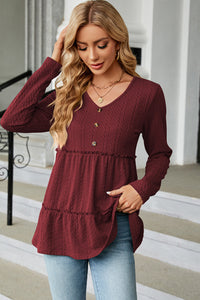 Frill V-Neck Long Sleeve T-Shirt