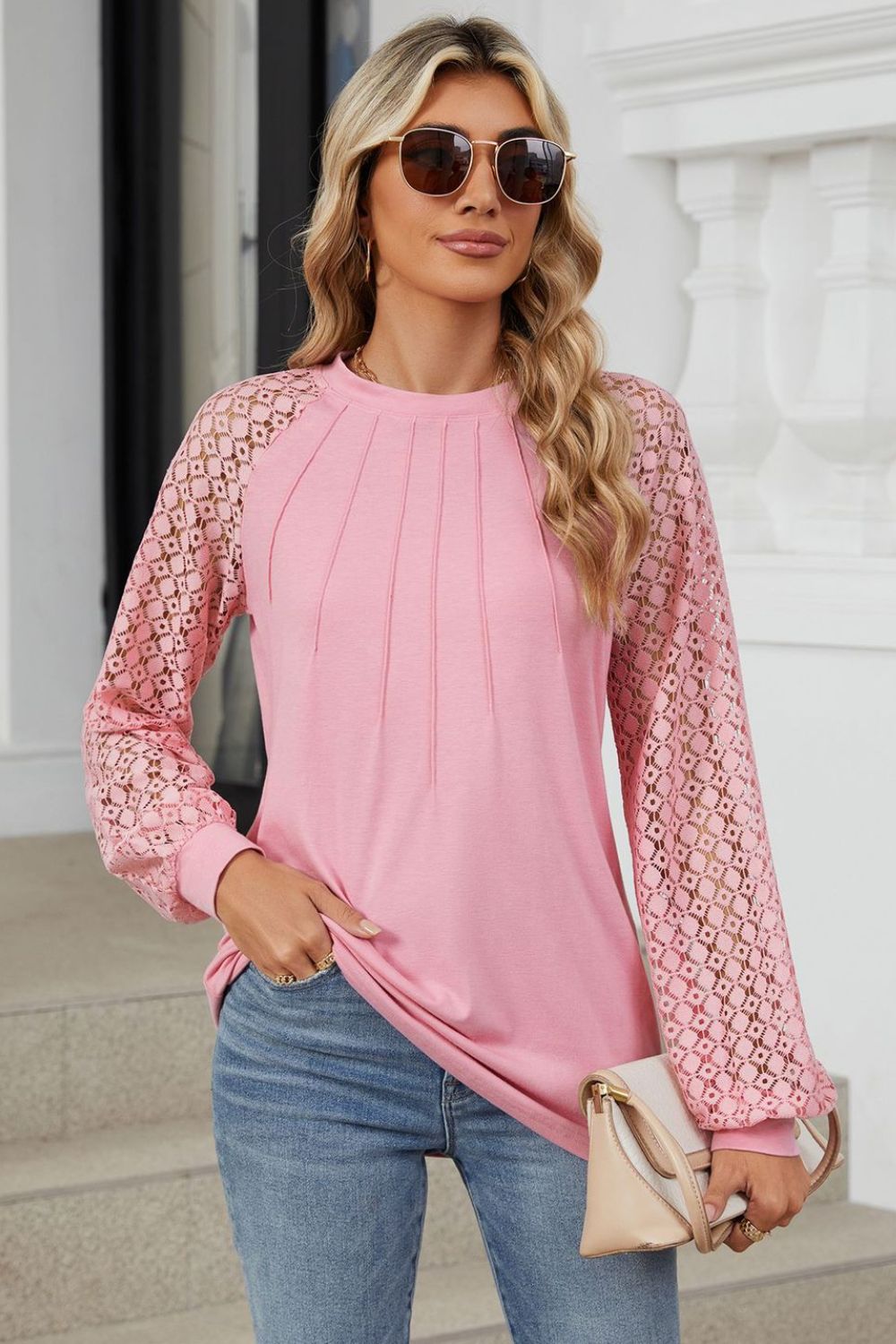 Round Neck Lace Long Sleeve Top