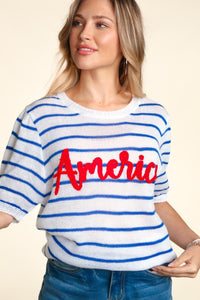 Letter Embroidery Striped Knit Top