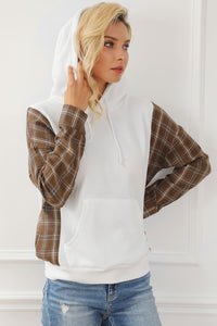 Plaid Waffle-Knit Drawstring Kangaroo Pocket Hoodie