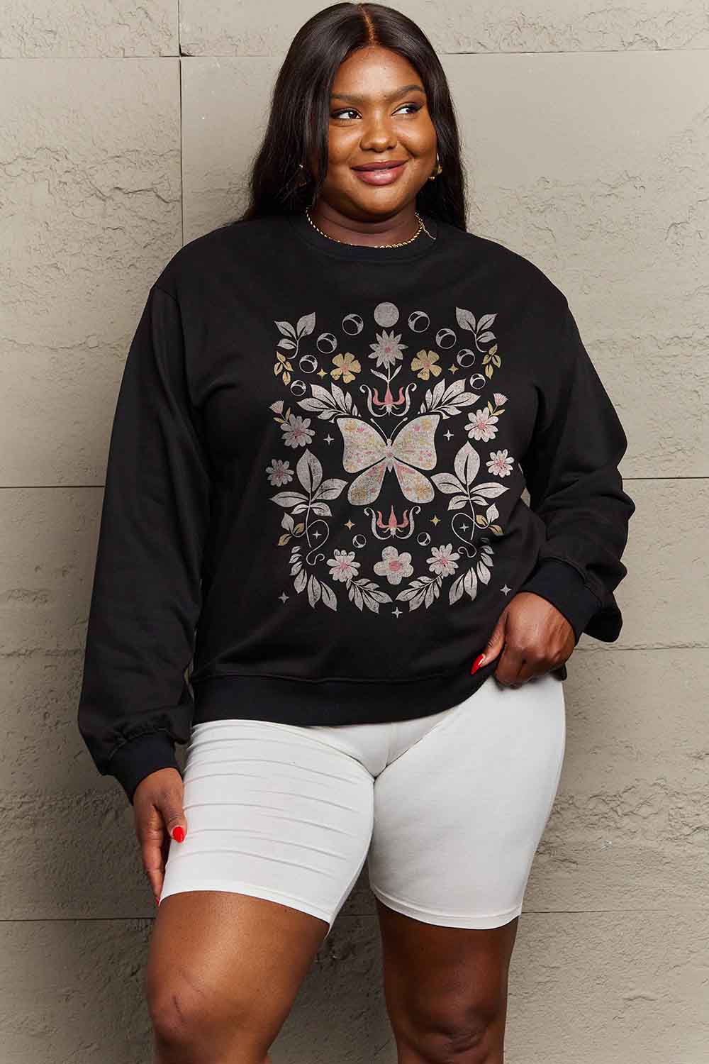 Full Size Flower and Butterfly Graphic Sweatshirt