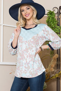 Full Size Leaf Print Contrast Trim Balloon Sleeve Top