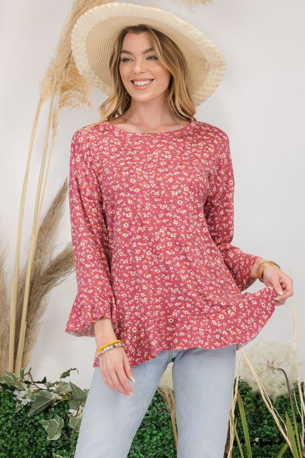 Full Size Floral Ruffle Detail Top