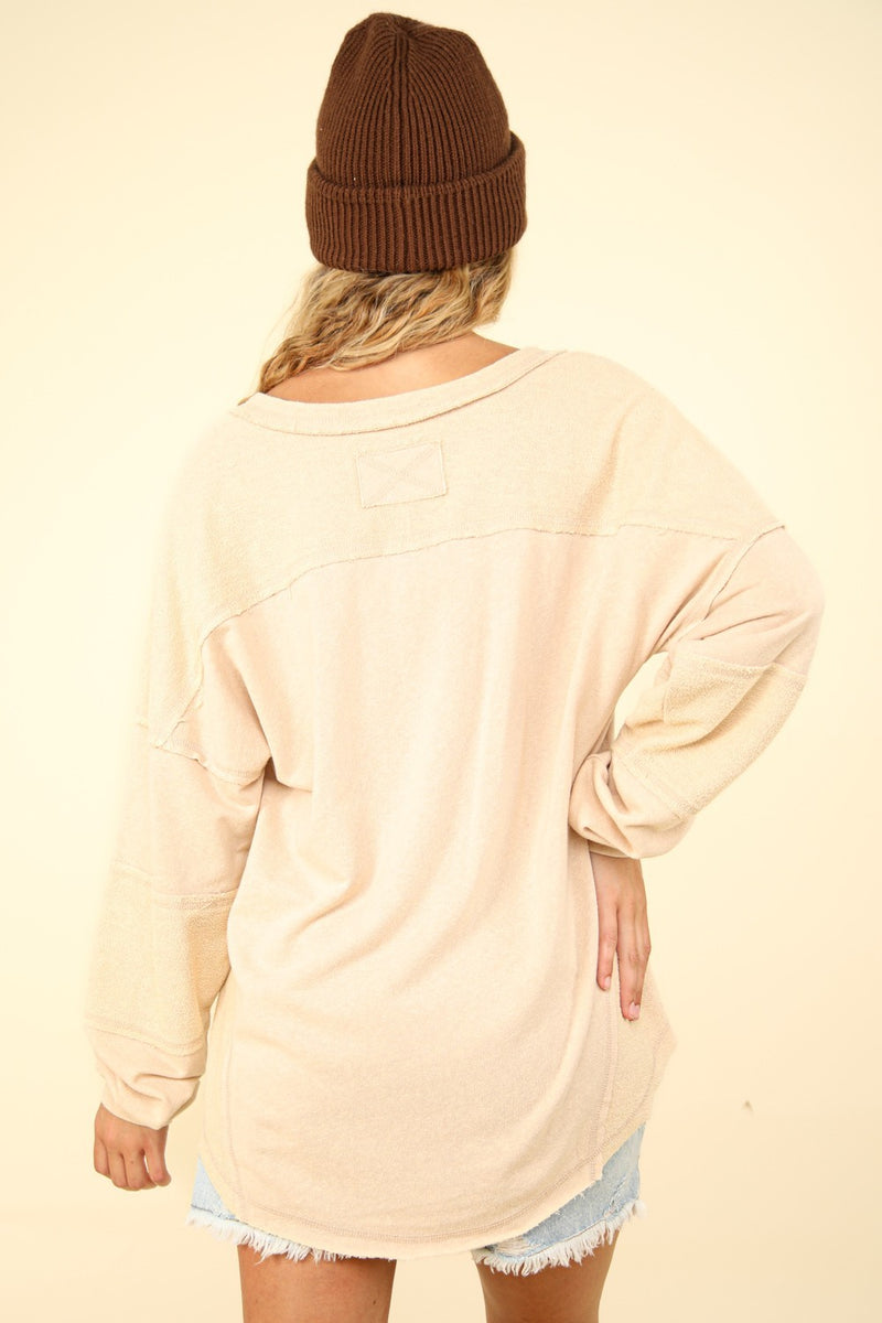 VERY J Washed V-Neck Exposed Seam Knit Top