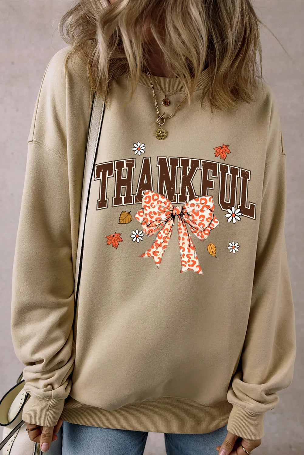 THANKFUL Bow Round Neck Long Sleeve Sweatshirt