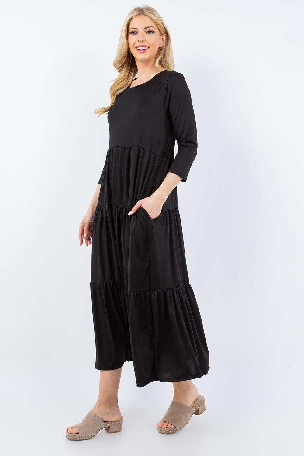 Full Size Tiered Midi Dress with Pockets