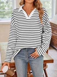 Striped Johnny Collar Long Sleeve T-Shirt