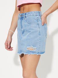 Distressed Raw Hem Mini Denim Skirt