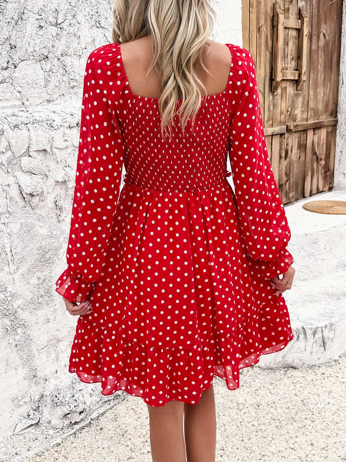 Devine Smocked Polka Dot Long Sleeve Dress