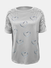 Full Size Lace Detail Heart Round Neck Short Sleeve Top