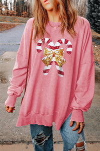 Sequin Candy Cane Round Neck Slit Sweatshirt