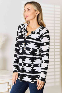 Full Size Geometric Notched Neck Long Sleeve Top