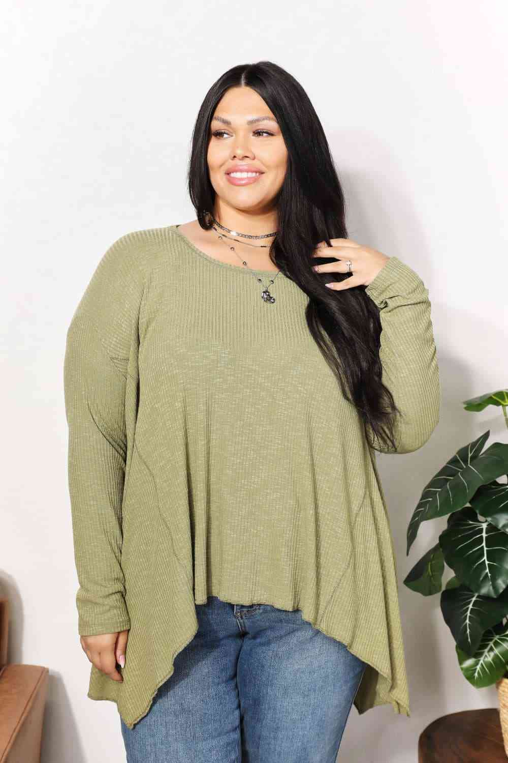 HEYSON Tops Mist Green / S Full Size Oversized Super Soft Rib Layering Top with a Sharkbite Hem and Round Neck