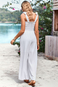 Frill Trim Tie Shoulder Wide Leg Jumpsuit with Pockets