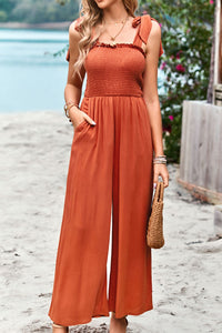 Frill Trim Tie Shoulder Wide Leg Jumpsuit with Pockets