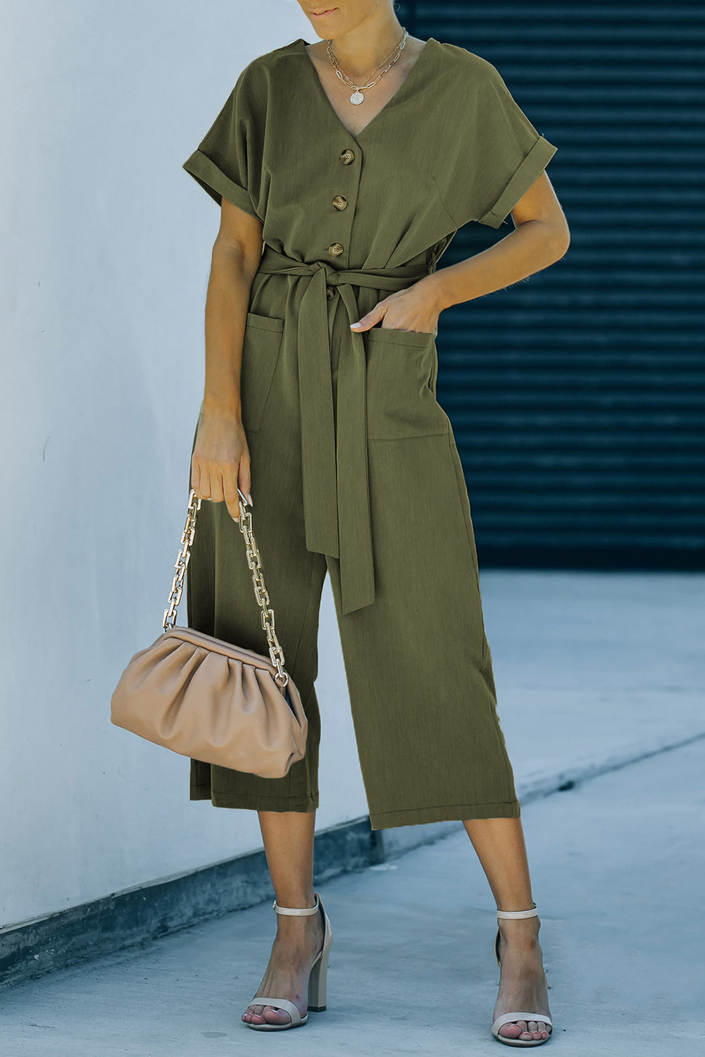 Jerry's Apparel Jumpsuits Moss / S Tie-Waist Buttoned Cropped Jumpsuit