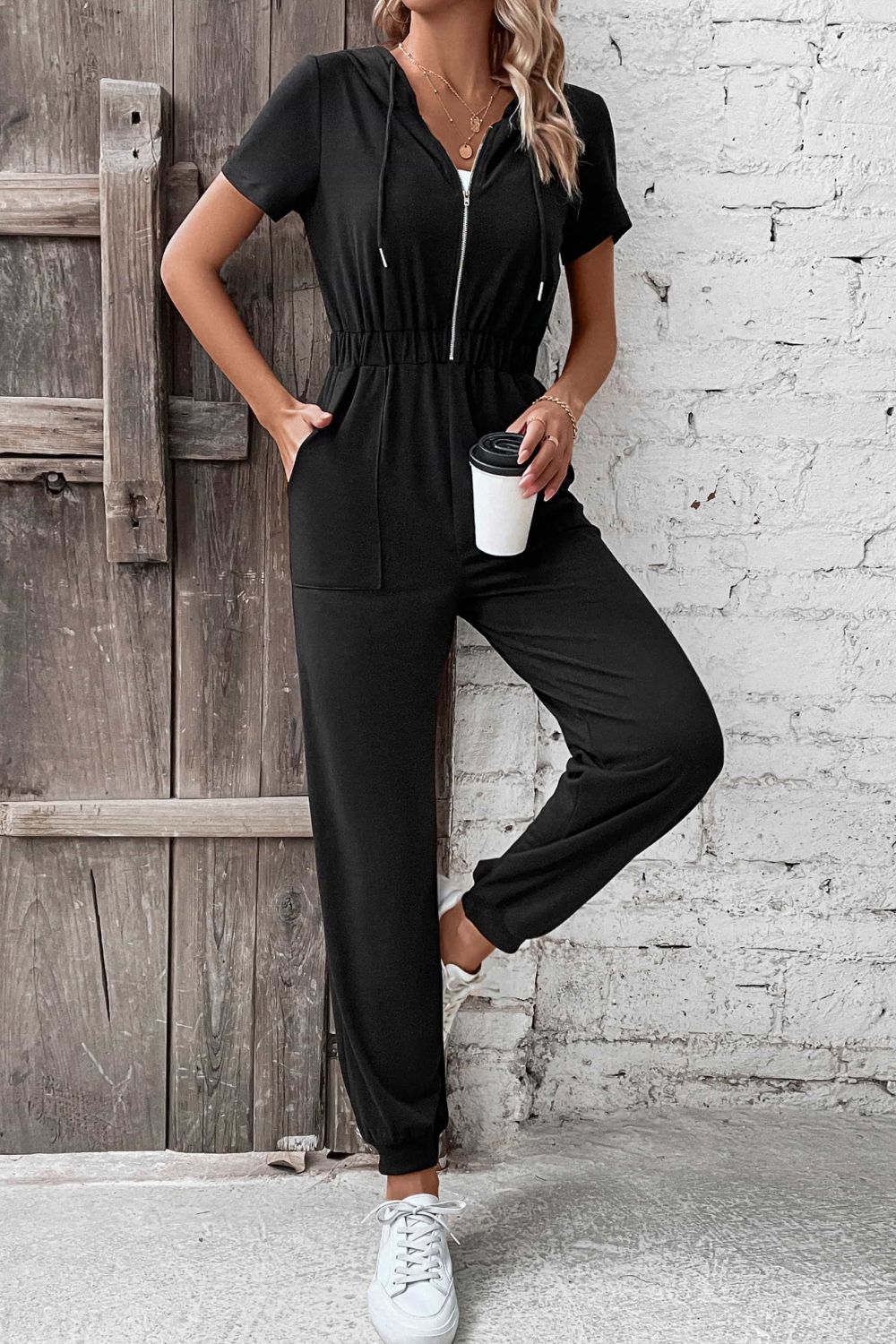 Zip-Up Short Sleeve Hooded Jumpsuit with Pockets