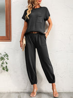 Jerry's Apparel Matching Sets Black / S Round Neck Raglan Sleeve Tee and Long Pants Set