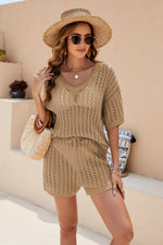 Jerry's Apparel Matching Sets Camel / S Openwork V-Neck Top and Shorts Set