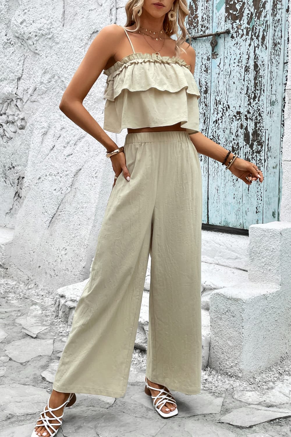 Jerry's Apparel Matching Sets Cream / S Frill Trim Cami and Wide Leg Pants Set