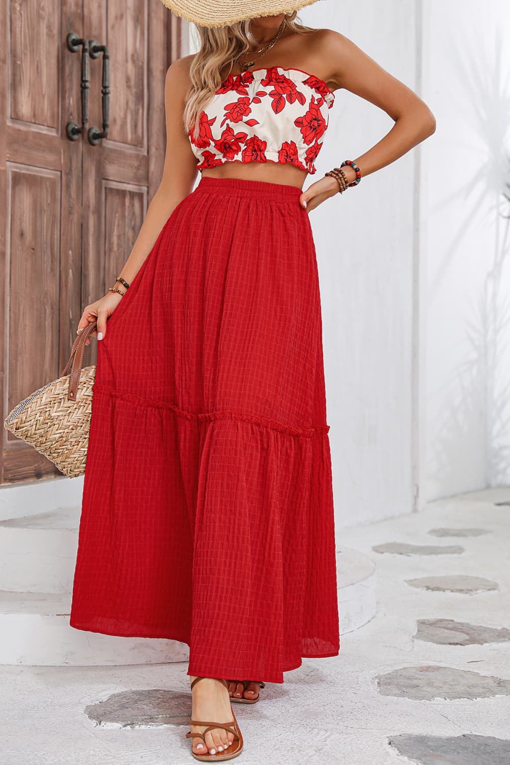 Jerry's Apparel Matching Sets Deep Red / S Floral Tube Top and Maxi Skirt Set