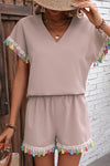 Jerry's Apparel Matching Sets Dusty Pink / S V-Neck Tassel Decor Top and Shorts Set