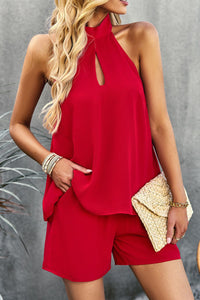 Halter Neck Top and Shorts Set with Pockets