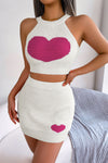 Jerry's Apparel Matching Sets Heart Contrast Ribbed Sleeveless Knit Top and Skirt Set