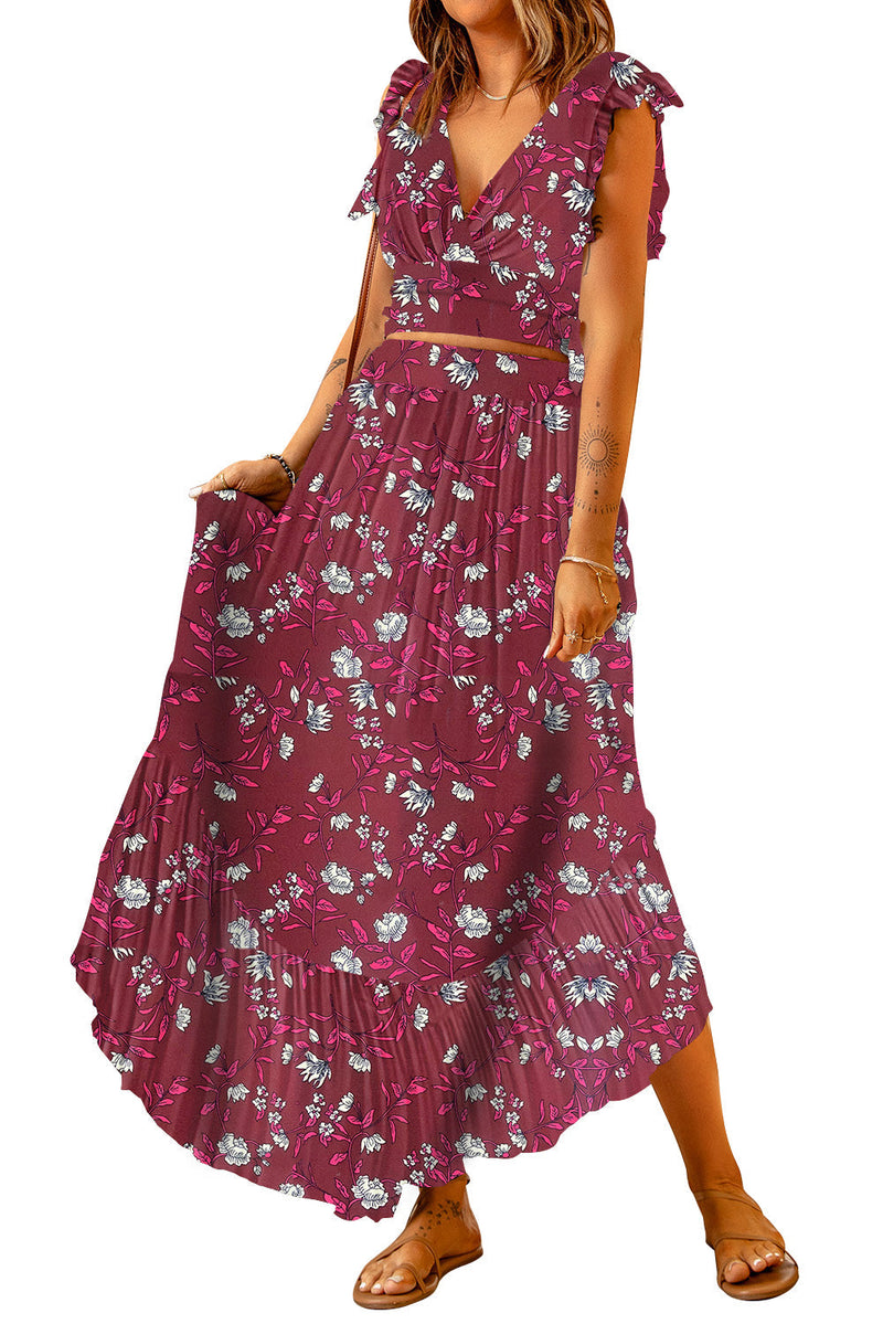 Jerry's Apparel Matching Sets Printed Tie Back Cropped Top and Maxi Skirt Set