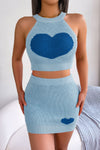 Jerry's Apparel Matching Sets Sky Blue / S Heart Contrast Ribbed Sleeveless Knit Top and Skirt Set