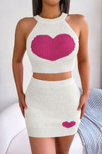 Jerry's Apparel Matching Sets White / S Heart Contrast Ribbed Sleeveless Knit Top and Skirt Set