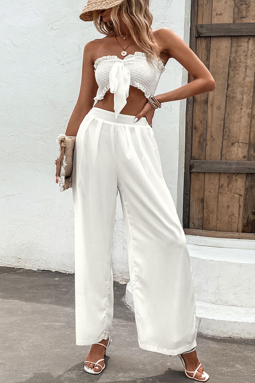 Jerry's Apparel Matching Sets White / S Smocked Tube Top and Wide Leg Pants Set