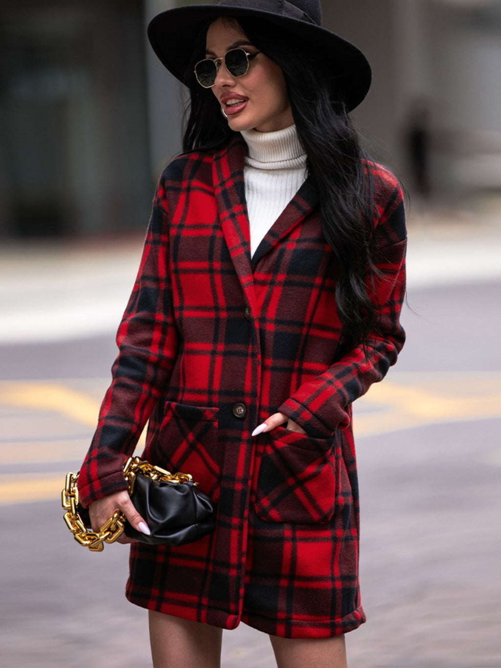 Jerry's Apparel Women Coats Deep Red / S Plaid Shawl Collar Coat with Pockets